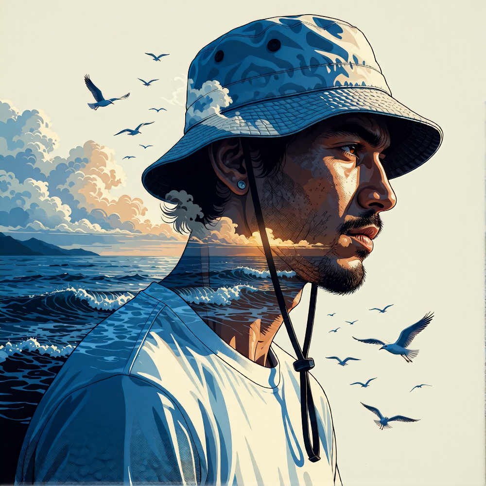 Double exposure surreal portrait of a man in profile, wearing a light blue t-shirt and a bucket hat. His figure seamlessly blends with a sea, blue sky, and sunlight intertwine with him silhouette. Soft natural light creates a dreamy, ethereal mood. b