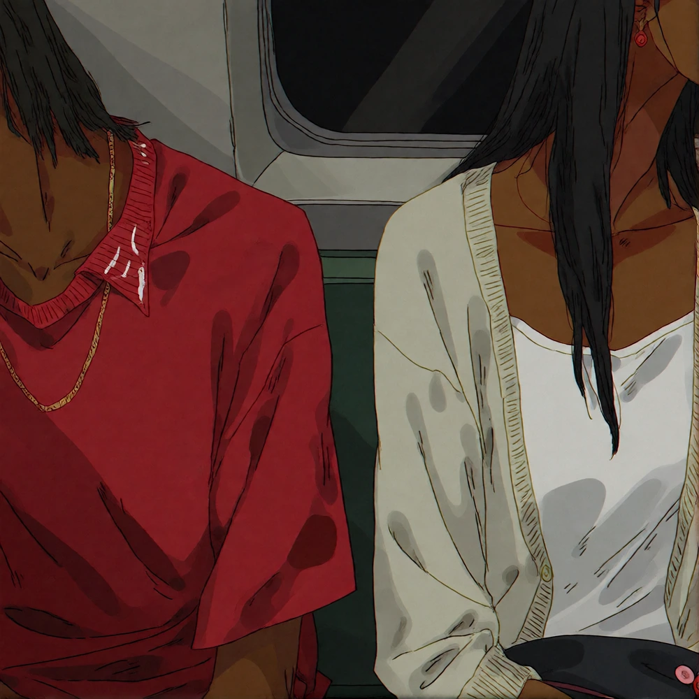 A kairo_horror style image shows two individuals seated side by side inside what appears to be a dimly lit subway or train carriage. The person on the left is wearing a red shirt with a visible collar design and a chain necklace, while the person on 