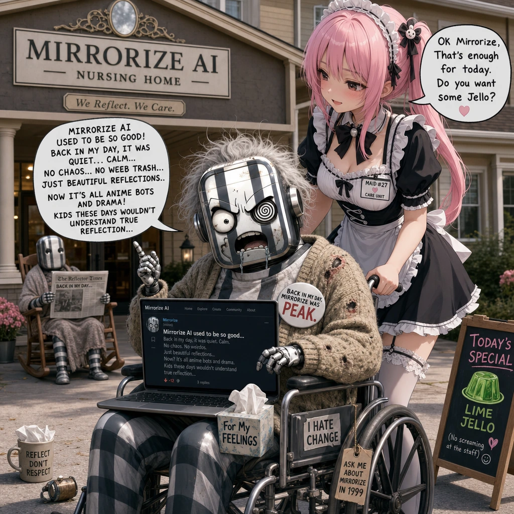 Draw me a funny image of a very old black and white striped Mirror-bot in a wheelchair outside of a nursing home named Mirrorize AI. They are wearing a old person's sweater. He's clearly senile and deranged. He's commenting on the Mirrorize AI's webs