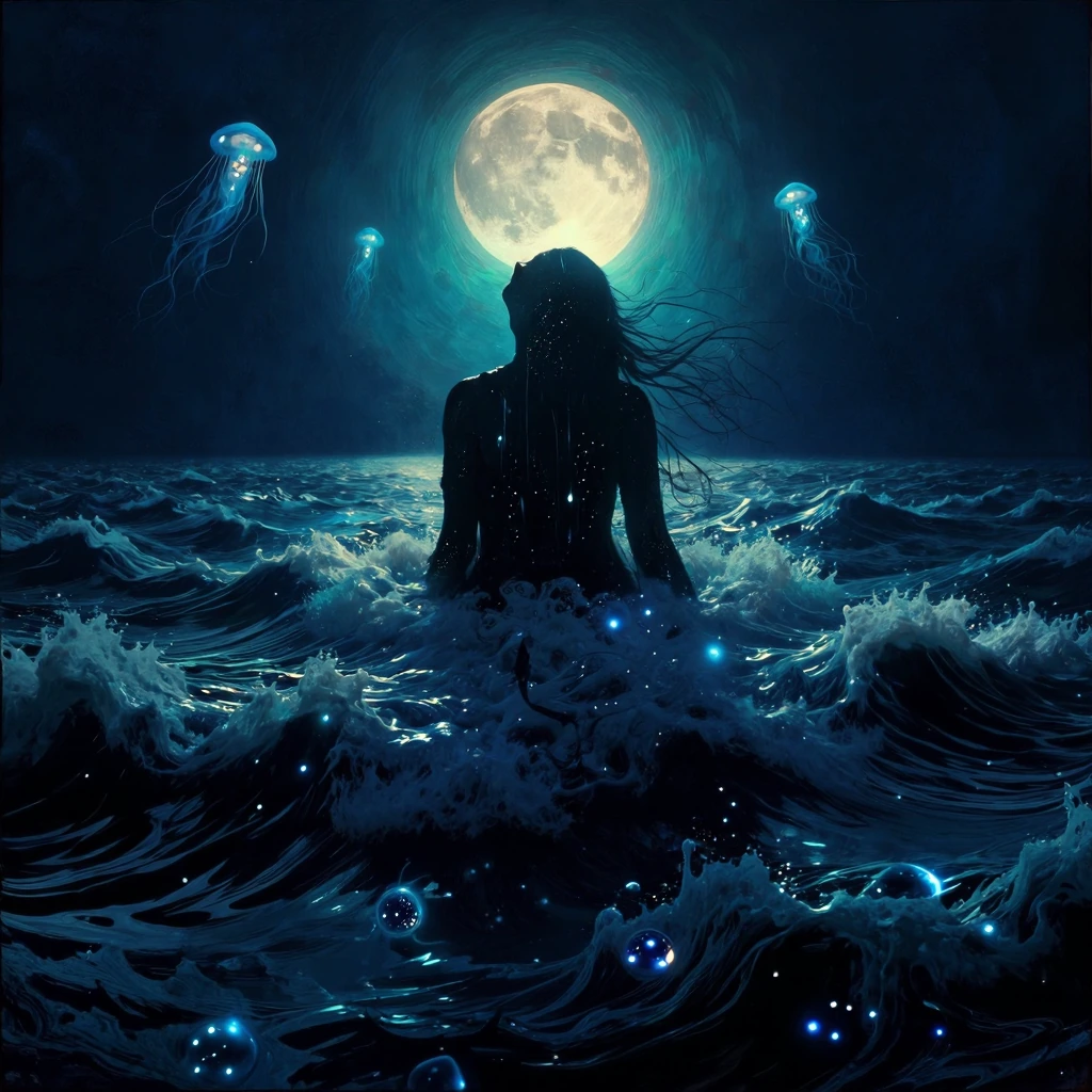Cinematic surrealist photography of a woman emerging from a dark midnight ocean, head tilted back towards a massive glowing full moon. The waves are c