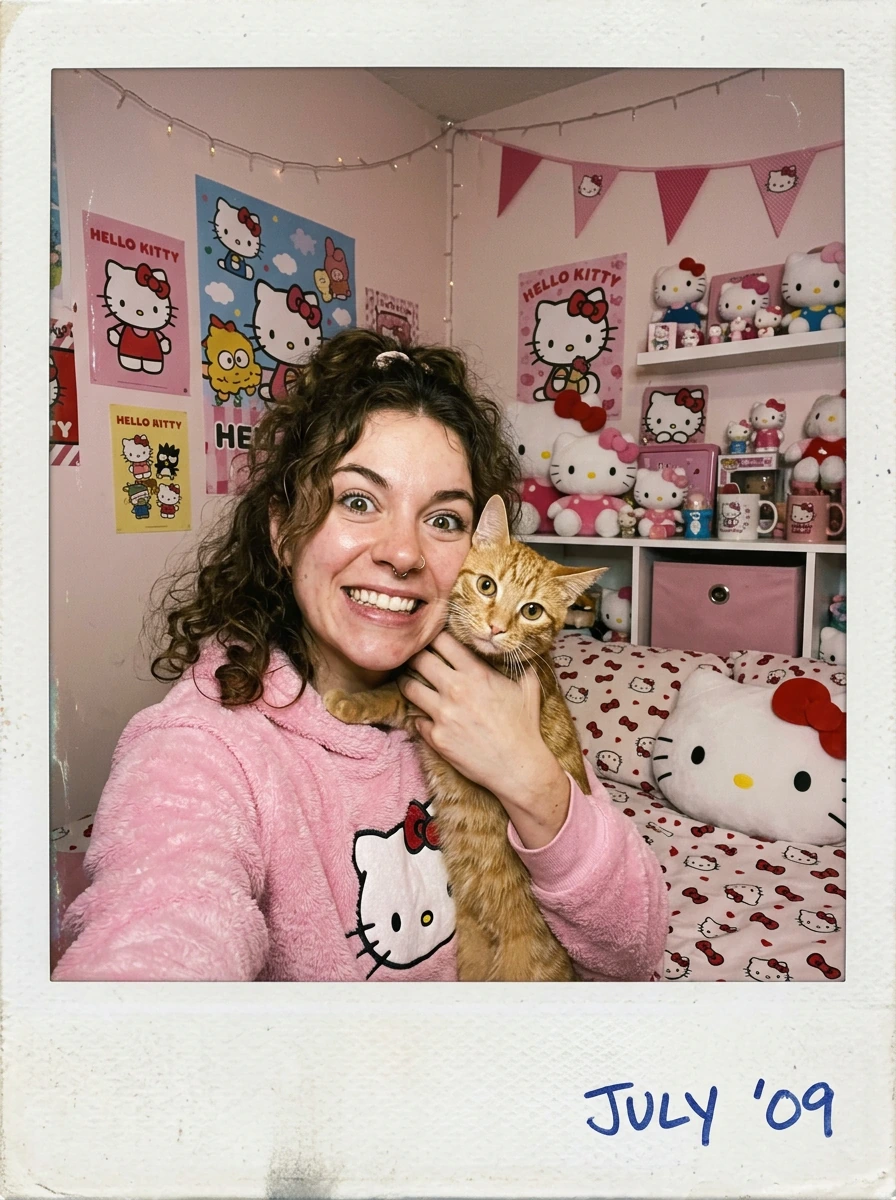Realistic amateurPolaroid image. Crazy girlfriend taking a selfie with her cat. Her apartment is decorated in hello Kitty decor.