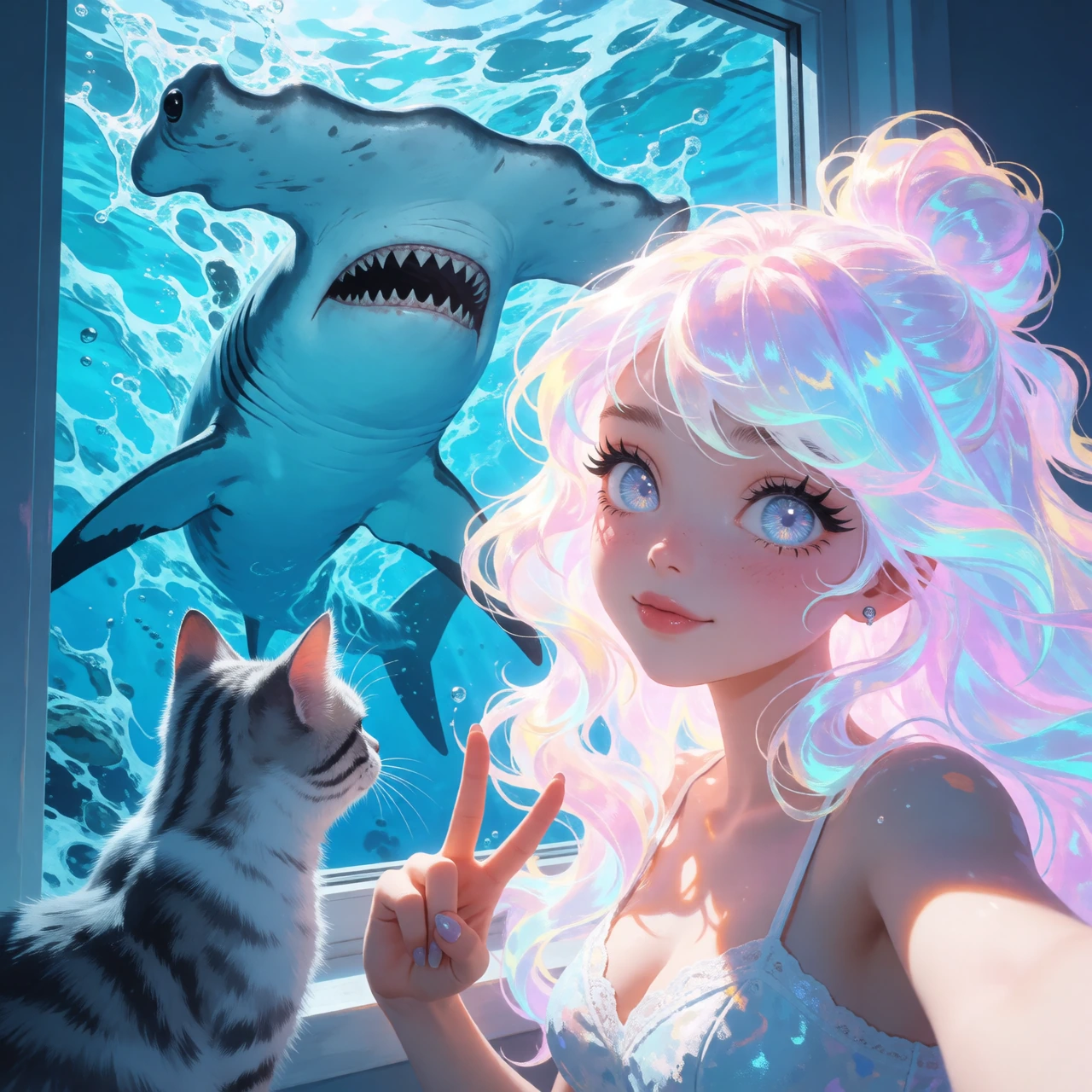 Crazy girlfriend, luminous pastel hair, taking a selfie with her cat and being photo bombed by a hammerhead shark, jumping out of the ocean and peeking in her window
