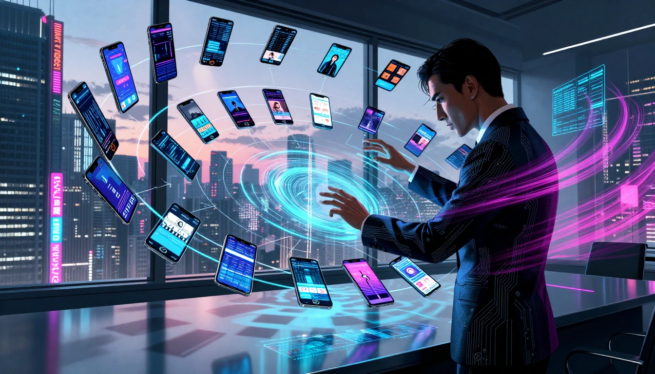A futuristic businessman in a sleek minimalist office overlooking a sprawling neon-lit cityscape at dusk, hundreds of holographic iPhones orbiting aro