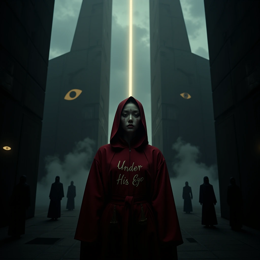 aunting, ultra-detailed cinematic portrait of a mysterious figure standing in a dim, dystopian world inspired by theocratic rule. The subject faces forward with a calm yet unsettling expression. Beneath one eye, delicately etched or tattooed in elega