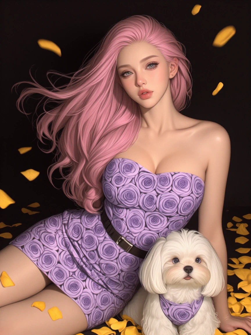 Woman platinum pink hair, wind borne yellow rose petals. Maltese dog. Minidress covered in lavender roses.