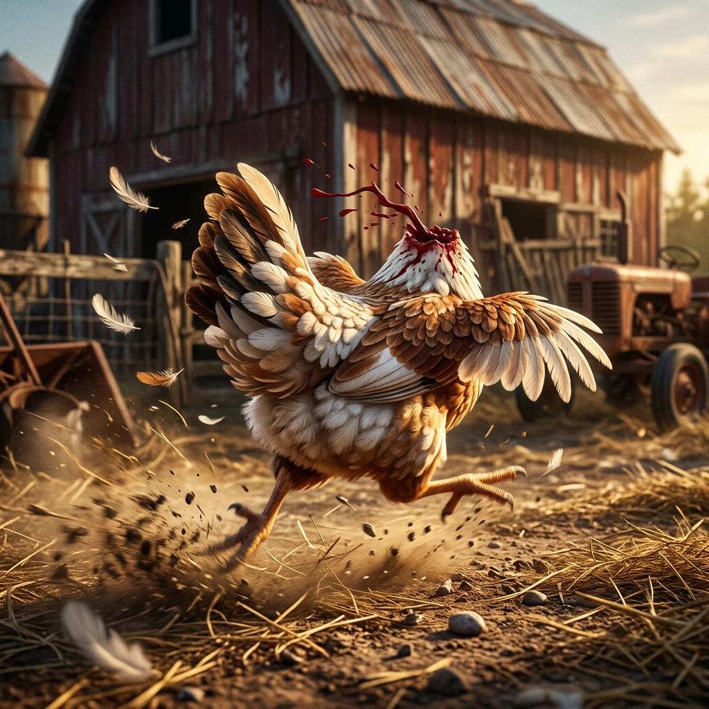 Cartoon Headless chicken sprinting frantically through a sunlit farm yard, dynamic motion blur, feathers ruffling wildly in the wind, blood dripping d