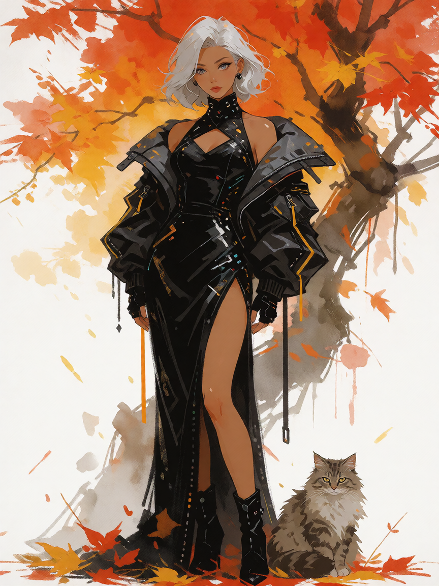 Gorgeous platinum cyberpunk woman dress d in autumn style, with a cat. Messy watercolor strokes