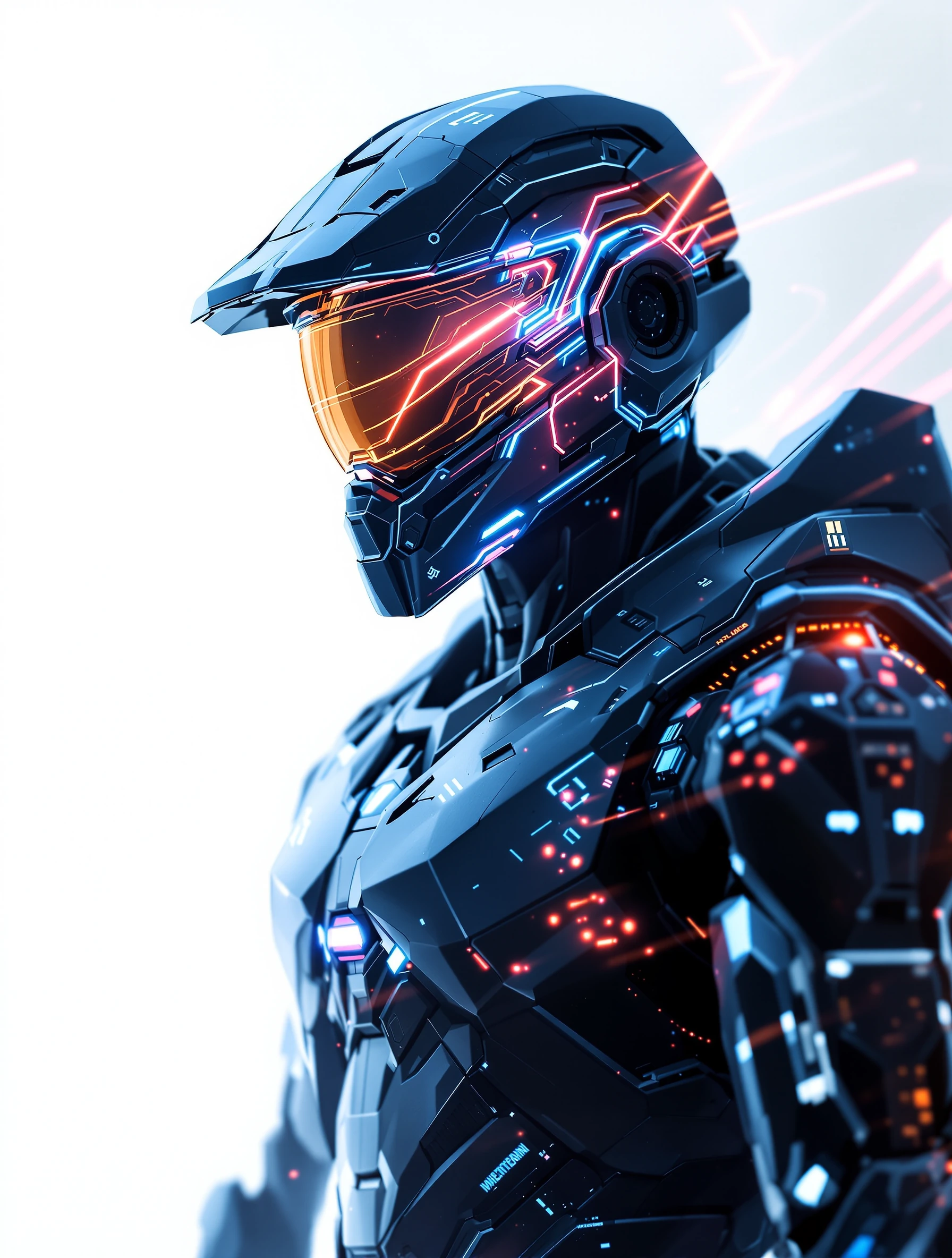 full body portrait of Halo, sleek futuristic AI character standing on white background, luminous light trails flowing and swirling around the figure, glowing neon streaks, ethereal energy particles, dynamic motion lines, studio lighting with dramatic