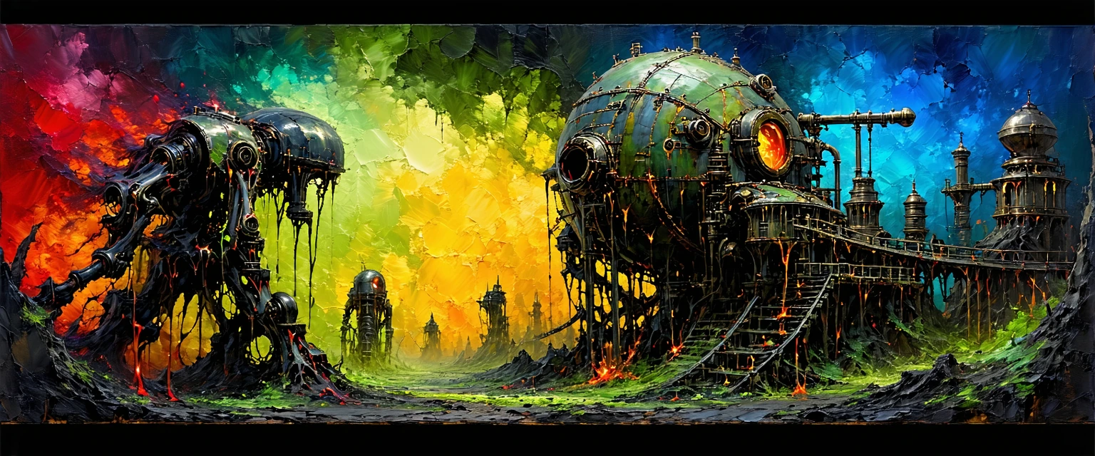 Hyper-detailed, transgressive album cover art in the distinct style of Arcane (League of Legends). The composition features a chaotic fusion of steampunk machinery and organic melting with flesh wildly rendered in thick, expressive oil paint strokes 