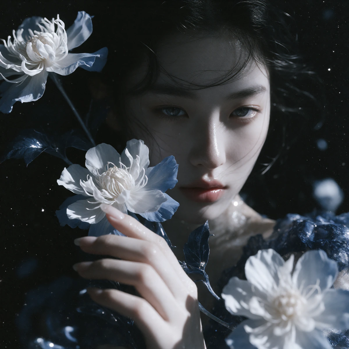 lau1, crescent moon resting on 1girl's head like horns, glowing soft silver light, night blooming cereus flowers wrapped around arms, midnight blue and white color scheme, floating in starry void, tears turned into small pearls, weightless pose, myst