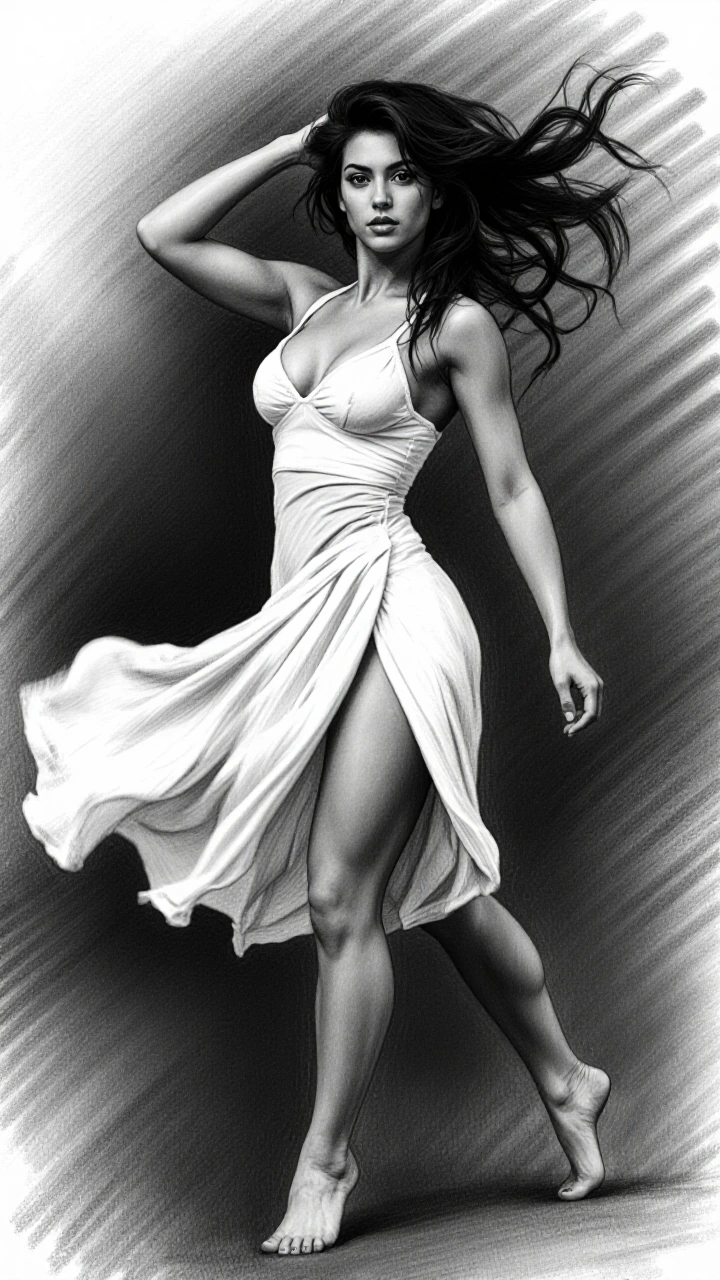 { "background": { "atmosphere": "intense and dynamic", "color": "black and white", "texture": "soft gradients with dramatic shading" }, "composition": { "balance": "asymmetrical with emphasis on the movement of fabric", "framing": "focused on the fig