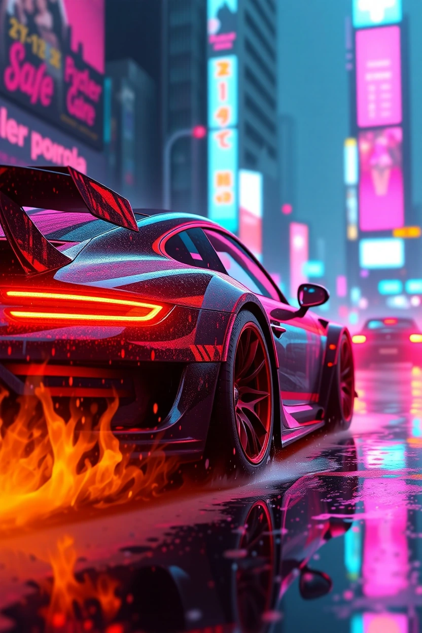 Disney style Darth Vader stained Porsche 911 race car with fire streaming over the whole image, focus on the large rear wheel side profile shot