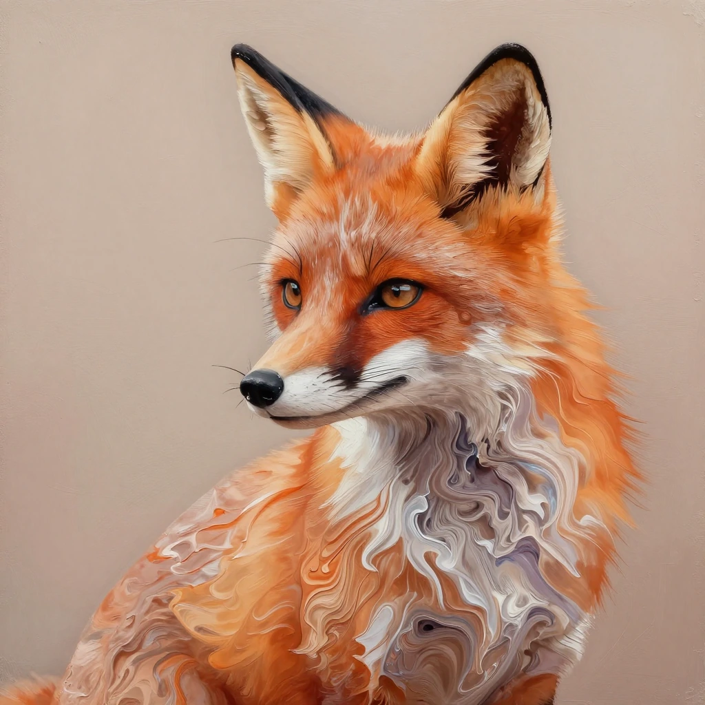 realistic acrylic style using acrylic flow technique, earth tone fluid colors forming fox girl