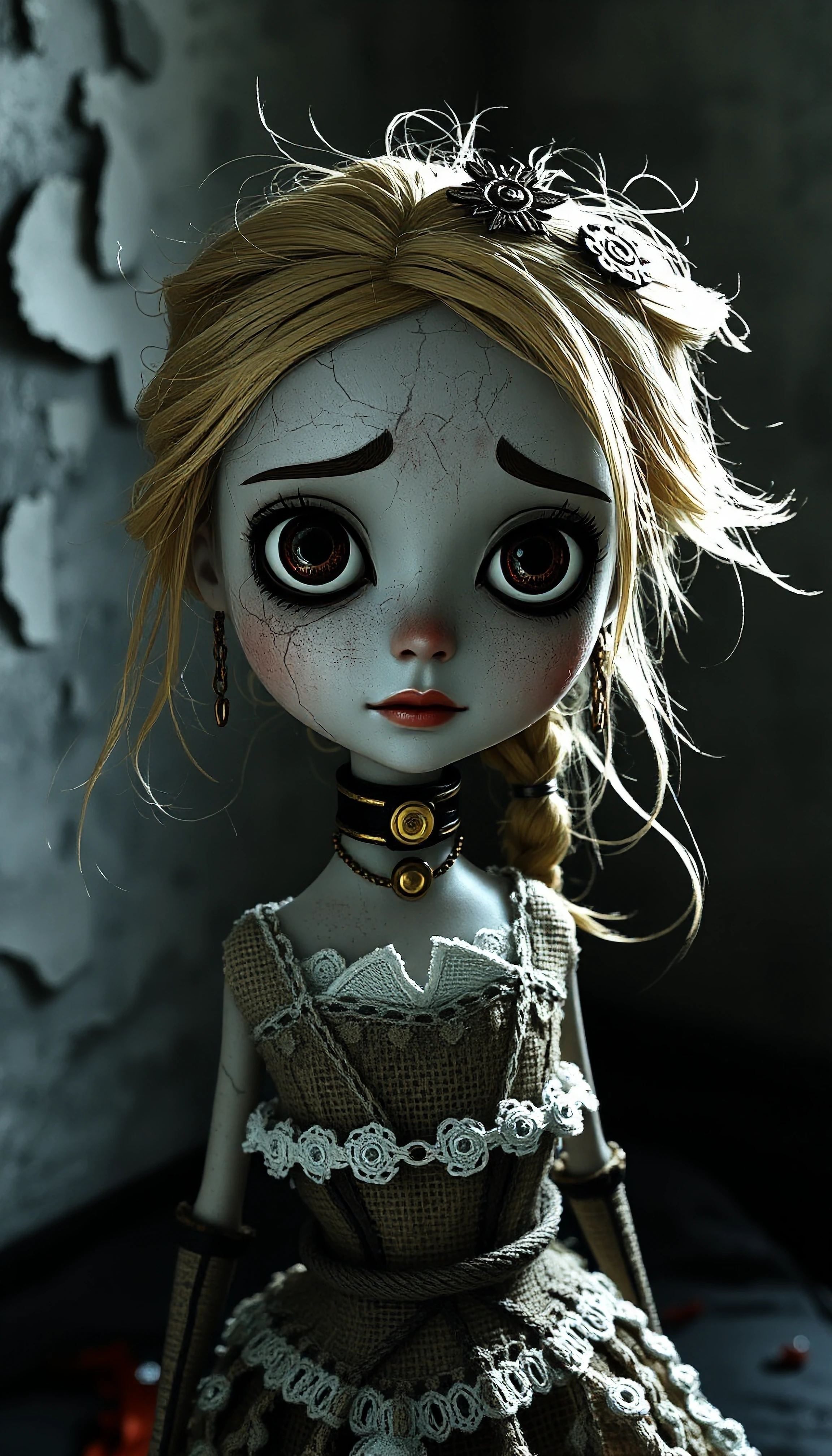 A hauntingly beautiful, melancholic porcelain ball-jointed doll with a cracked face, large sad eyes with dark sunken circles, and a faint spiderweb pattern on the cheek. The doll has a steampunk aesthetic, featuring exposed brass gears and metal chai