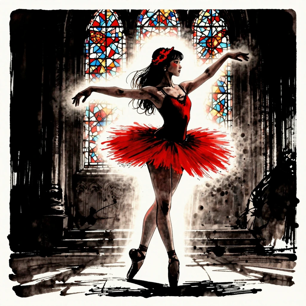 1girl, tiger, red tiger, long hair, black hair, hair bun, bangs, hair flower, earrings, dark eyes, blush, asian, 1woman, solo, ballerina, ballet dance