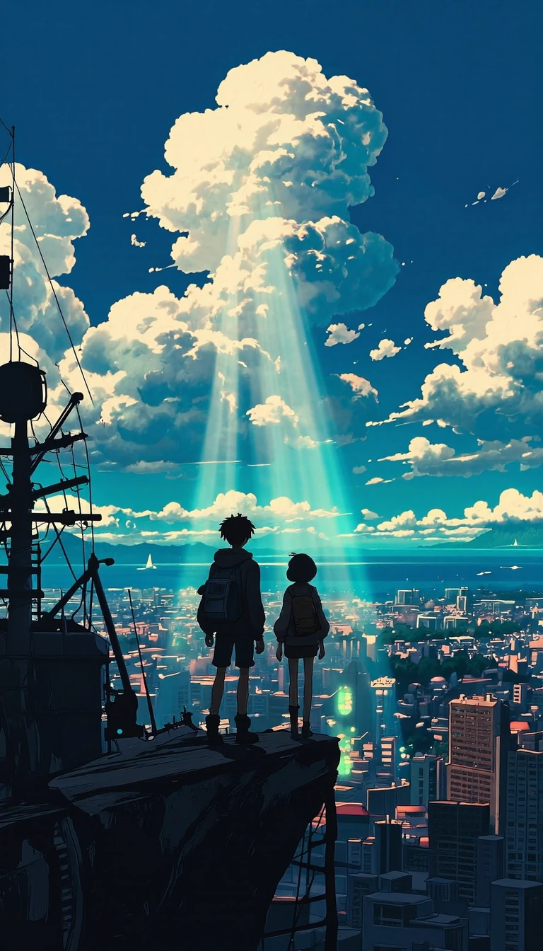 Two silhouetted figures standing on skyscraper precipice, cel-shaded anime style, Makoto Shinkai luminous sky aesthetic, dramatic volumetric light sha
