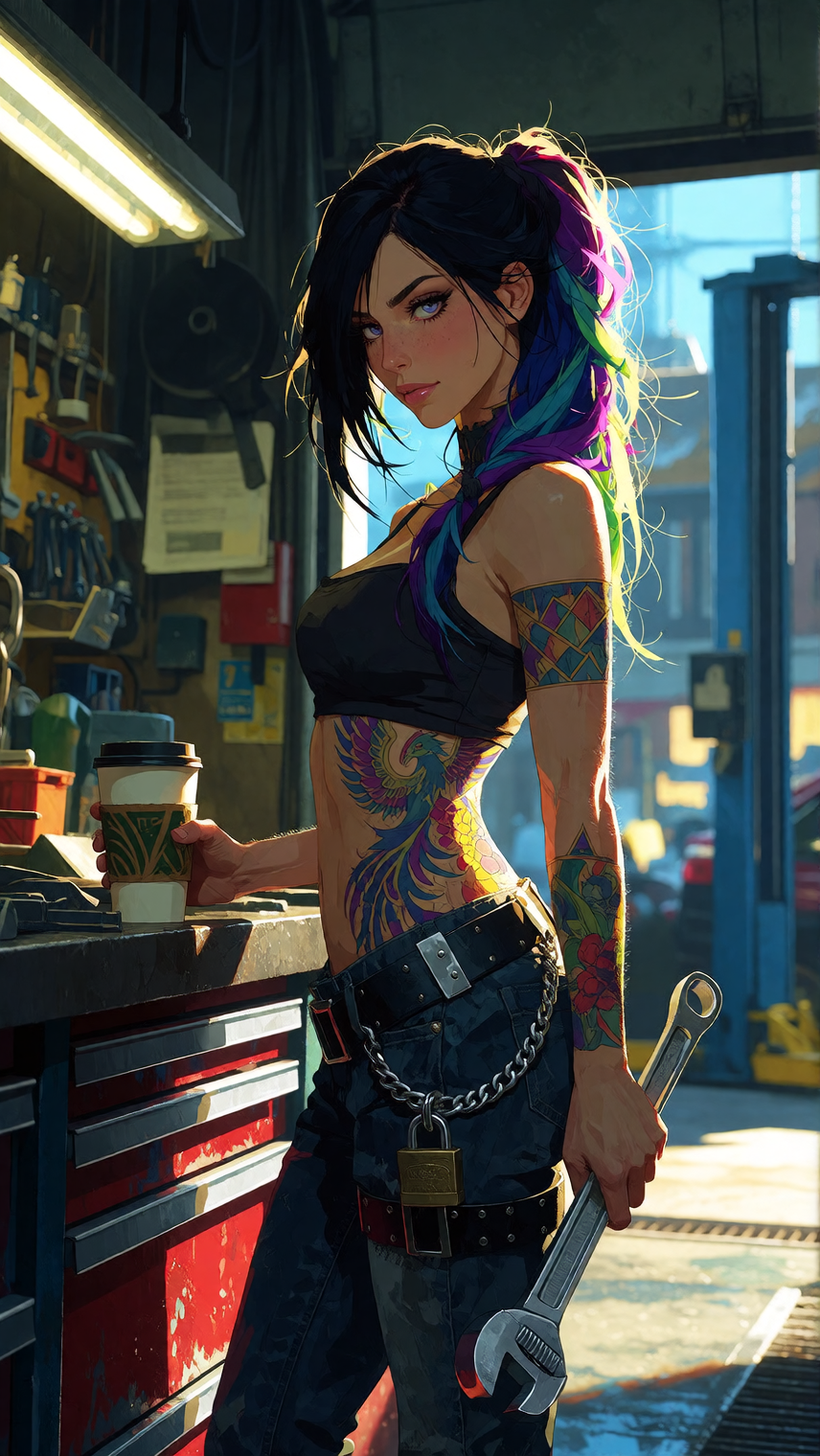 Rory Phoenix at the open shop bay door just after sunrise, start of day, working energy, not posing for a speech. One hip against the steel workbench, paper coffee cup in one hand, torque wrench in the other, weight shifted like she just clocked in.