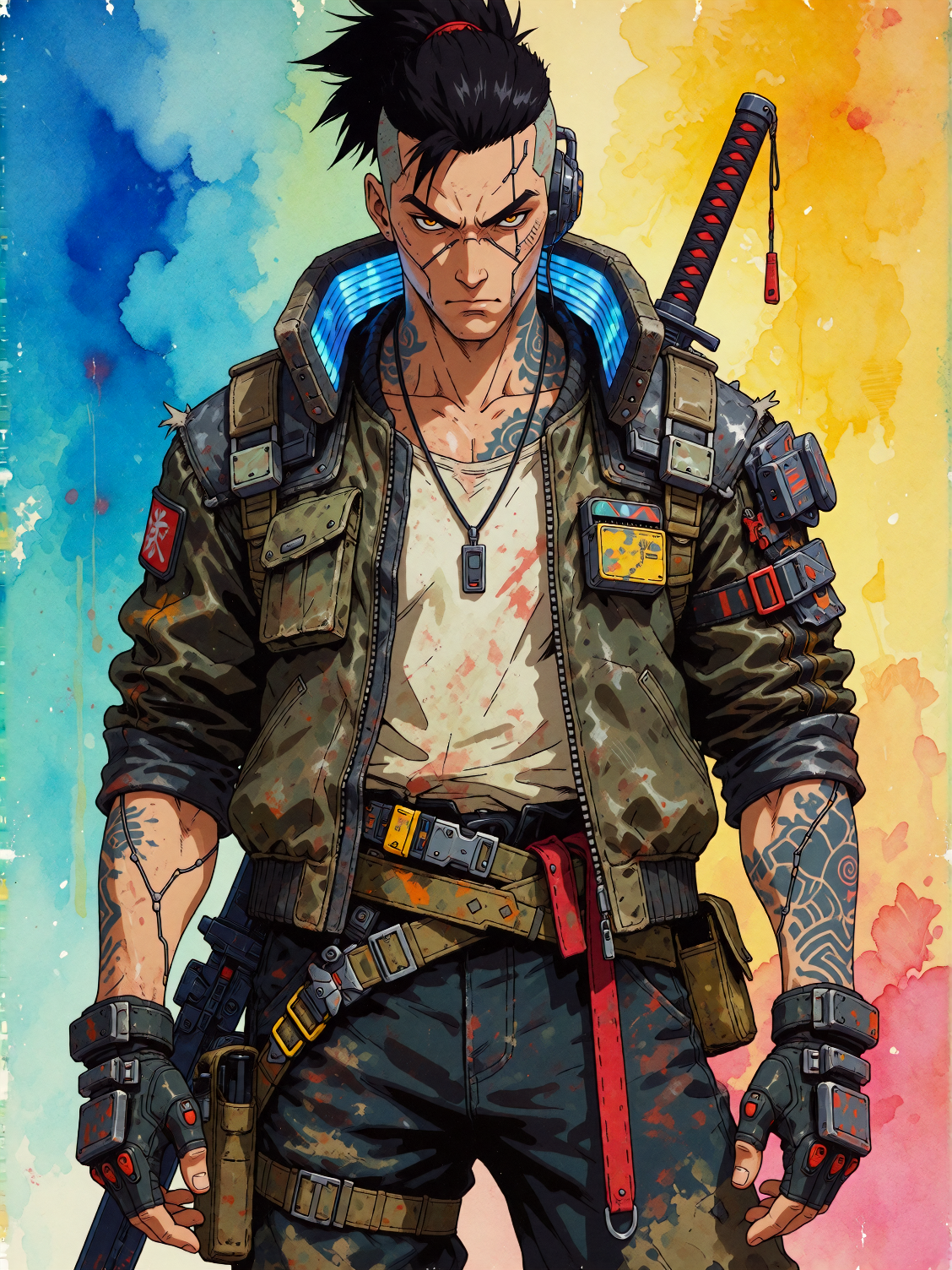 Cyberpunk street samurai character: tactical urban gear, cyber implants visible (eyes, arms), weapon slung, tattoos + scars, weather-worn jacket, weap