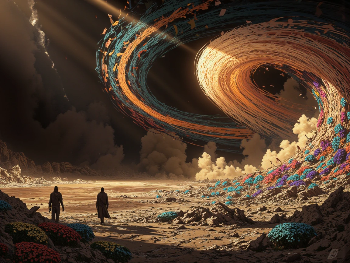 barren wasteland stretching endlessly, swirling wind composed of vibrant wildflowers, petals of crimson red, golden yellow, deep purple, and turquoise blue dancing through the air, ethereal and dreamlike, desolate cracked earth and sparse vegetation,
