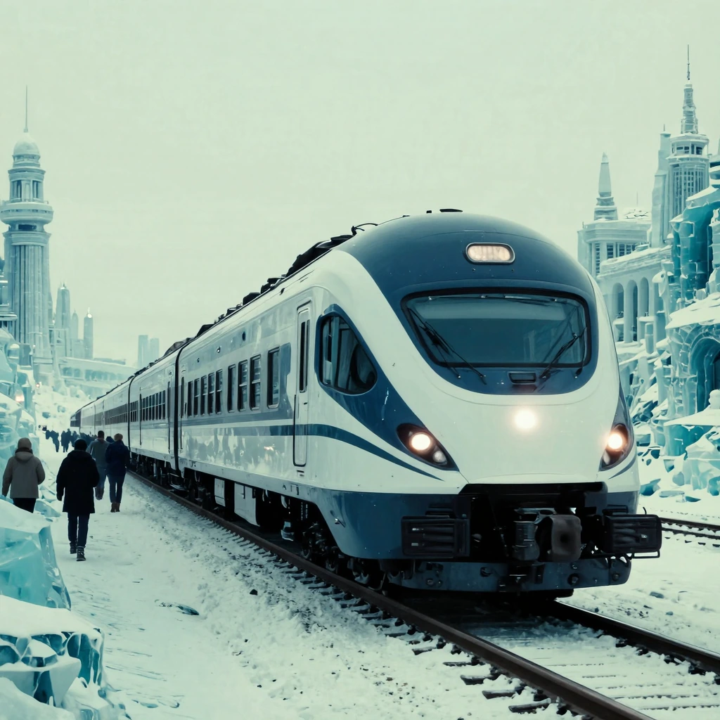 arctic retro futurist concept art, long streamlined snow train heading toward a crystalline ice city, passengers walking along snowy tracks, glowing h