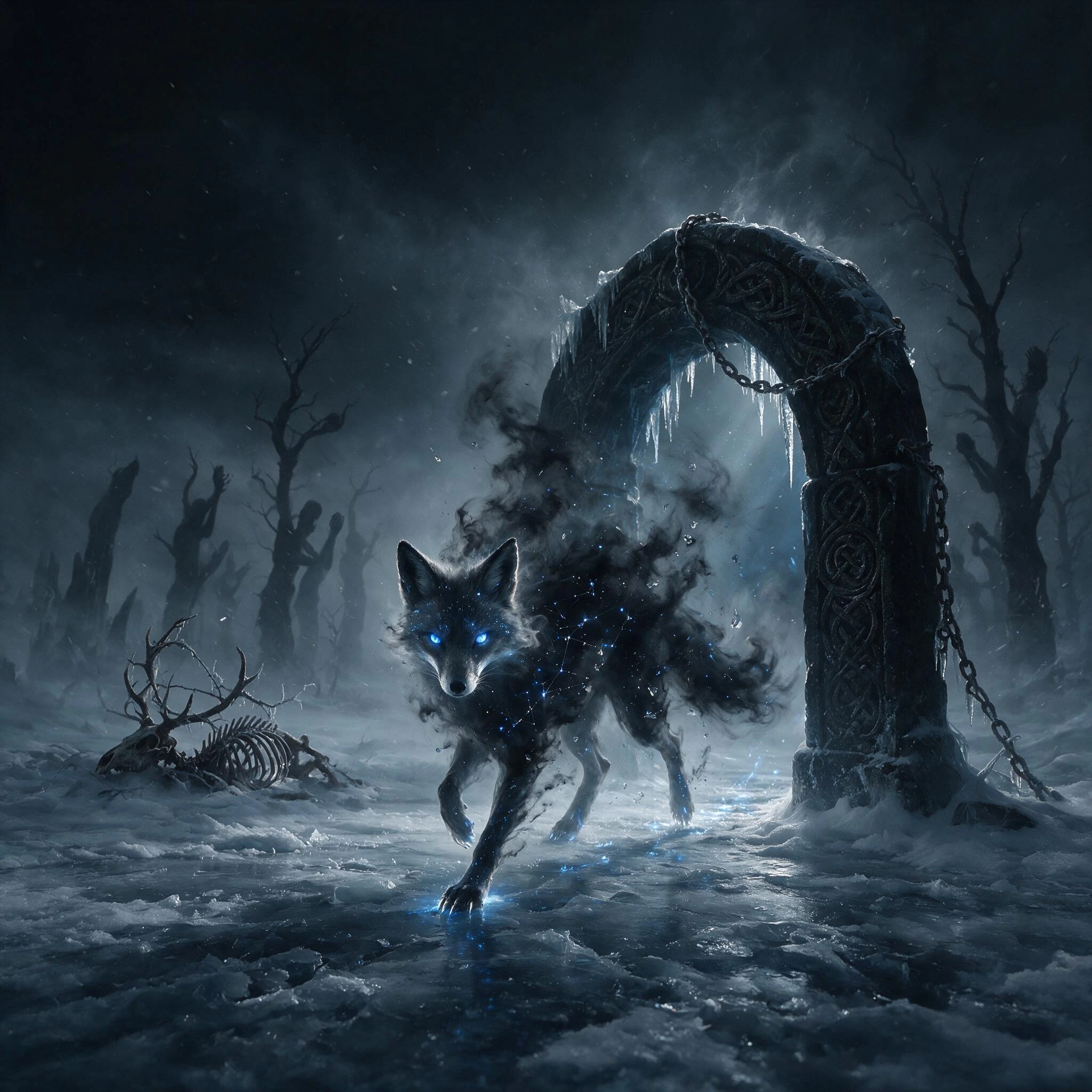 A spectral fox, made of icy mist and swirling ash, steps through an ancient stone gateway in the midst of an endless snowfield. Instead of a coat of fur, its body unfurls in swirls of black smoke, revealing within it a constellation of extinguished s