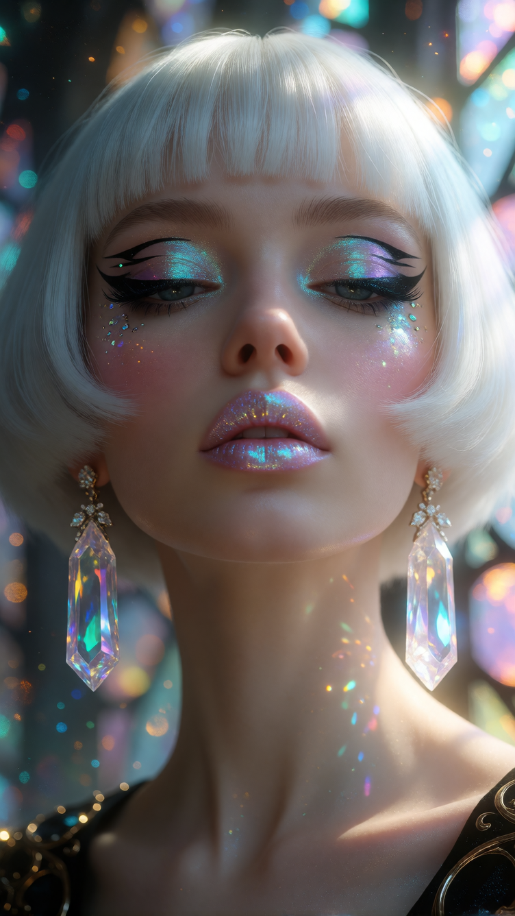 Beauty Portrait, Glamour Photography, Macro Photography. An ultra-close beauty portrait of an ethereal woman with a sleek platinum-white bob haircut a