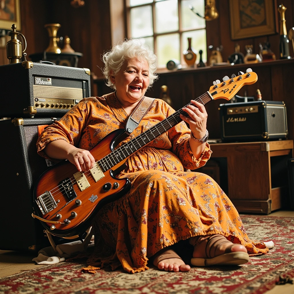 Healthy weight older woman in a long country dress jamming extremely hard on an electric guitar with amplifier. She has a extremely intense facial expression as she [lays
