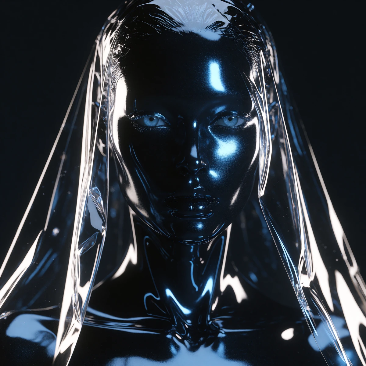 Subject: A sleek, sculptural humanoid figure with a mirror-finish surface of deep iridescent blue-black obsidian. ​Lighting & Internal Detail: The figure features brilliant, glowing cyan eyes and a single, sharp vertical filament of neon-blue light e