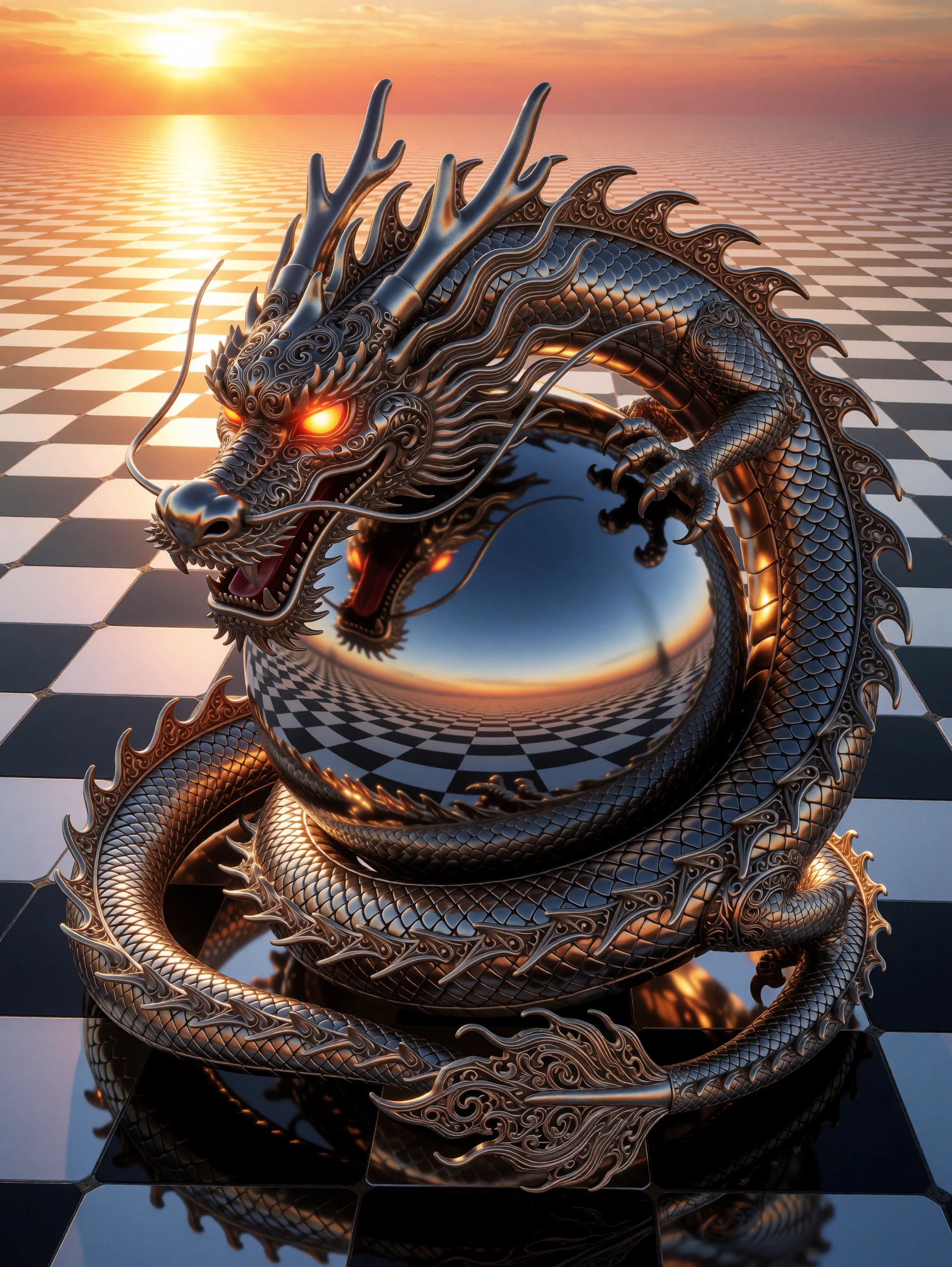 Metallic dragon coiled around a reflective sphere, covered in intricate scales, glowing orange eyes, and flowing filigree‑like tendrils. The scene sit