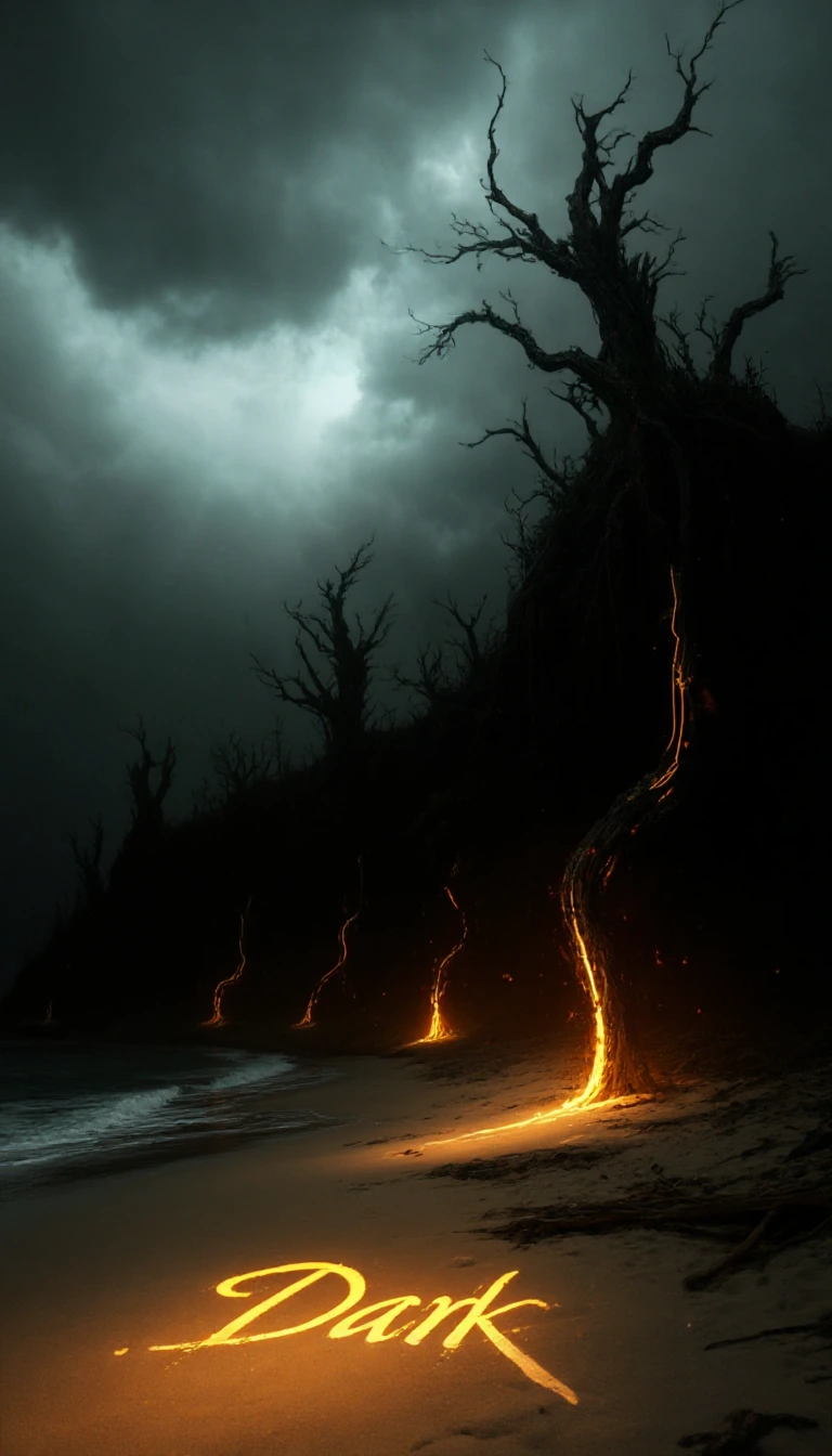 A haunting, surreal landscape dominates this digitally-crafted image. Gnarled, skeletal trees with contorted branches rise dramatically from a desolate beach, their charred wood silhouetted against a turbulent, storm-laden sky. The word "Dark" is car
