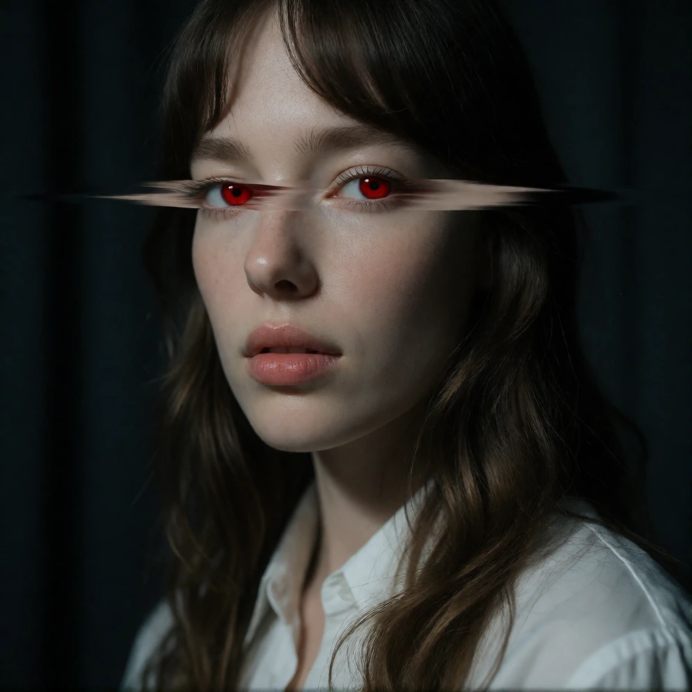 portrait of a woman, photorealistic style, mostly restored from digital corruption. her skin, hair, and clothing are sharp and clear again with natural lighting. however, her eyes remain heavily glitched with diagonal horizontal slicing, offset featu