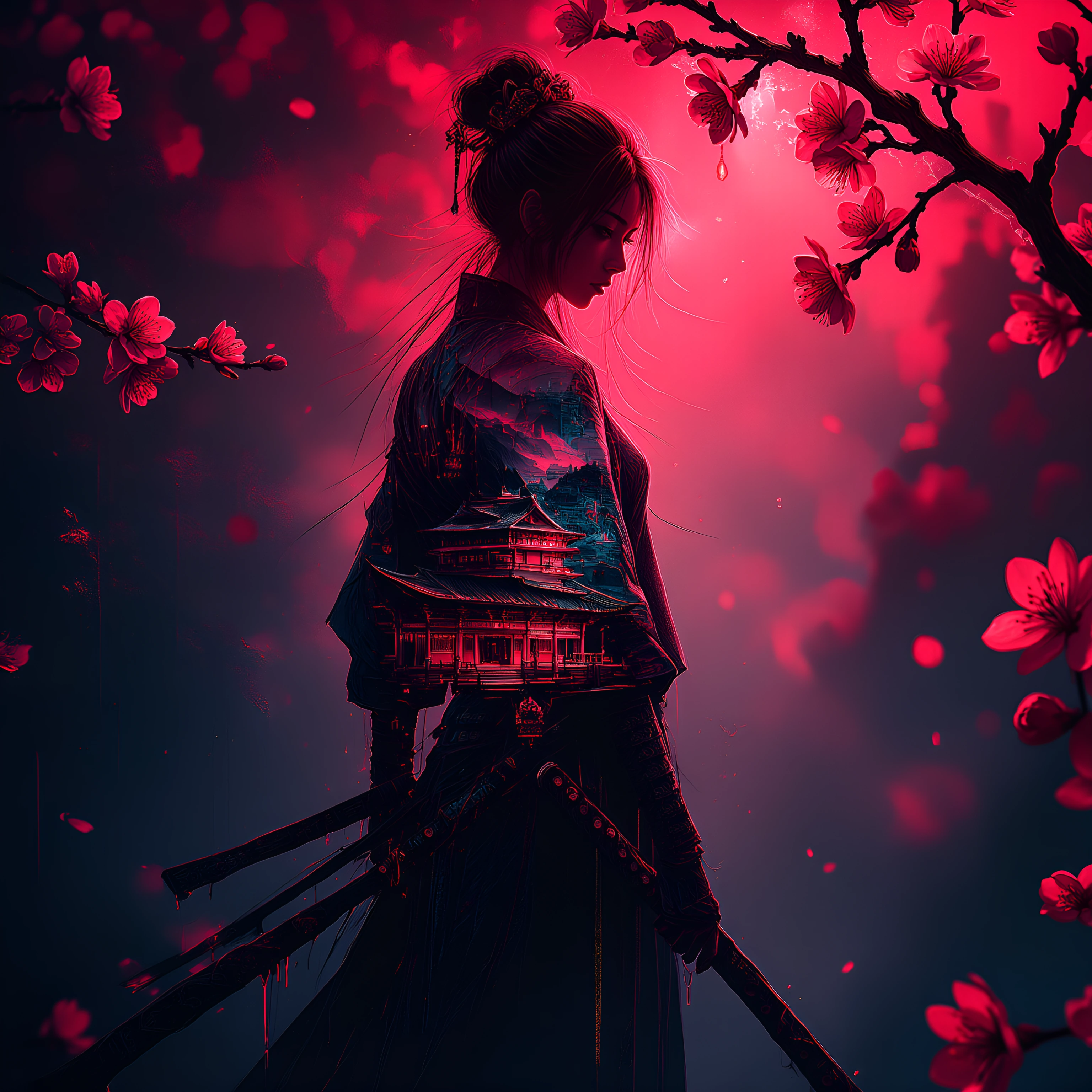 Bright pink plum blossoms, perfectly sharp, take centre stage; delicate five-petalled flowers, adorned with golden-white stamens, rest on dark, gnarle