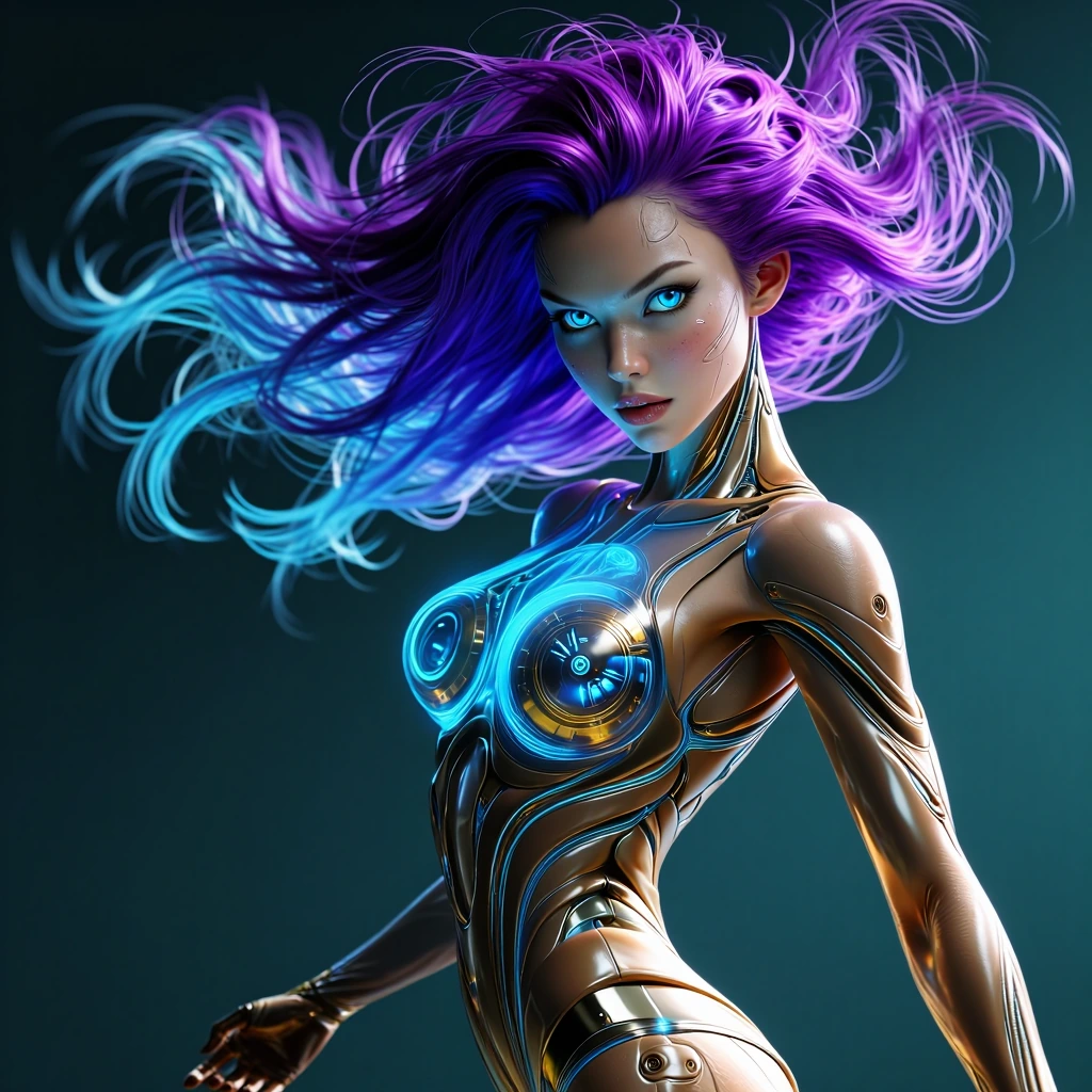"Aetheria possesses a breathtaking synthesis of biological grace and advanced cybernetic engineering. Her overall silhouette is lean, powerful, and elegantly sculpted. • Organic Integration: Her skin retains the hyper-realistic texture of human flesh