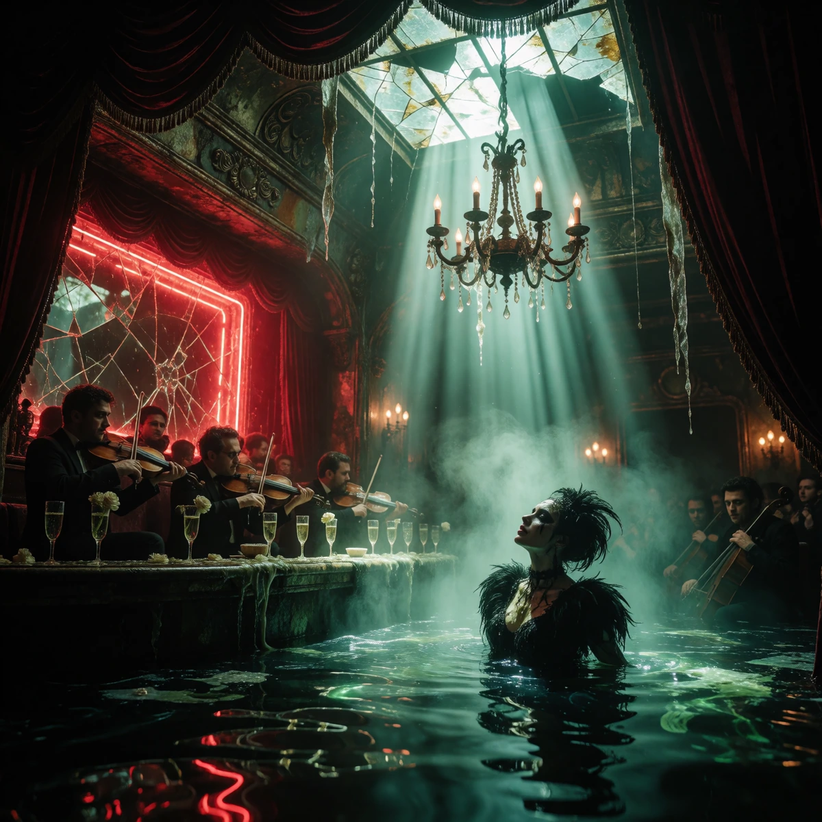 Acid-ravaged Art Deco cabaret half-submerged in toxic floodwater, its velvet curtains hanging in wet shreds from corroded steel cables. A performer with smeared kohl and matted feathers emerges through bioluminescent sludge, caught in stuttering holo