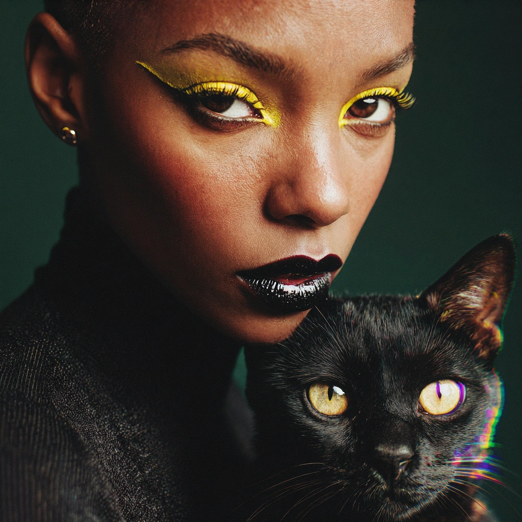 photograph of a dark-skinned woman with a bald head, wearing a black turtleneck, striking yellow eyeshadow, and glossy black lipstick, next to a black cat with yellow eyes, both looking directly at the camera, high contrast, dark background, studio l