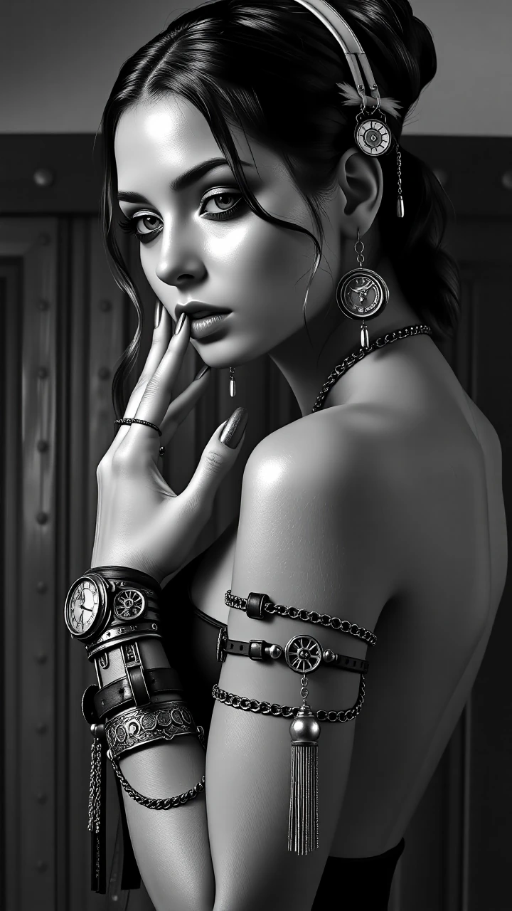 A steampunk reimagining of the monochrome portrait. The woman's bare back and shoulder are striped by sharp barshadows, but now her skin bears faint geartrack imprints and brassriveted panel lines. Her smoky eye is intensified with a monoclelens shim