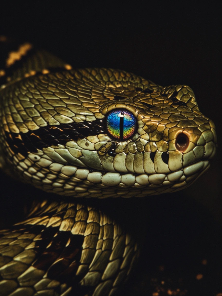 A hyper‑realistic close‑up of a pit viper with richly textured green‑brown scales and dramatic, moody lighting. The focus is on its vivid blue eye, no