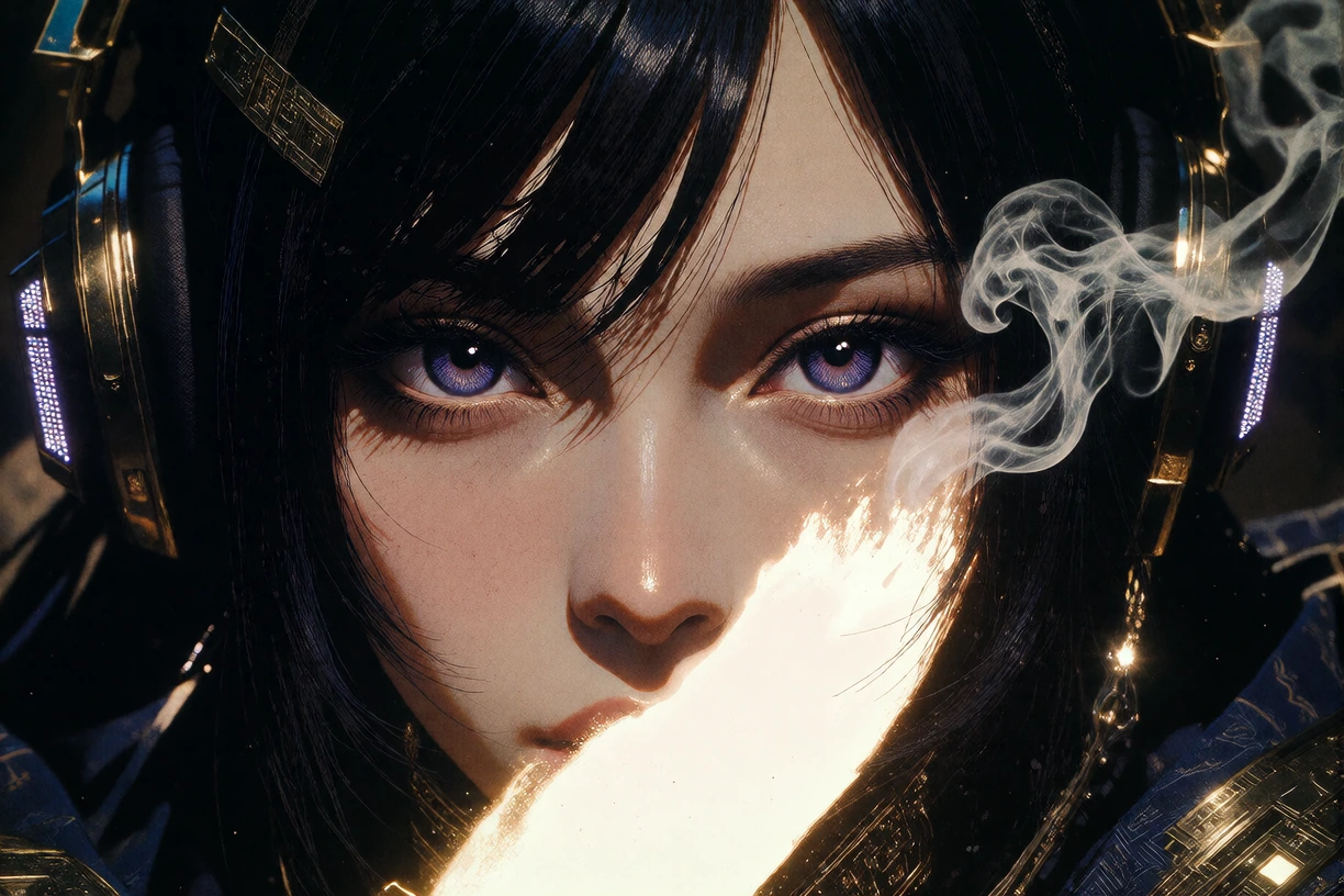 EXTREME CINEMATIC CLOSE-UP PORTRAIT. An ultra-tight frame containing only the upper half of MAE's face, focused almost entirely on her eyes and brows.