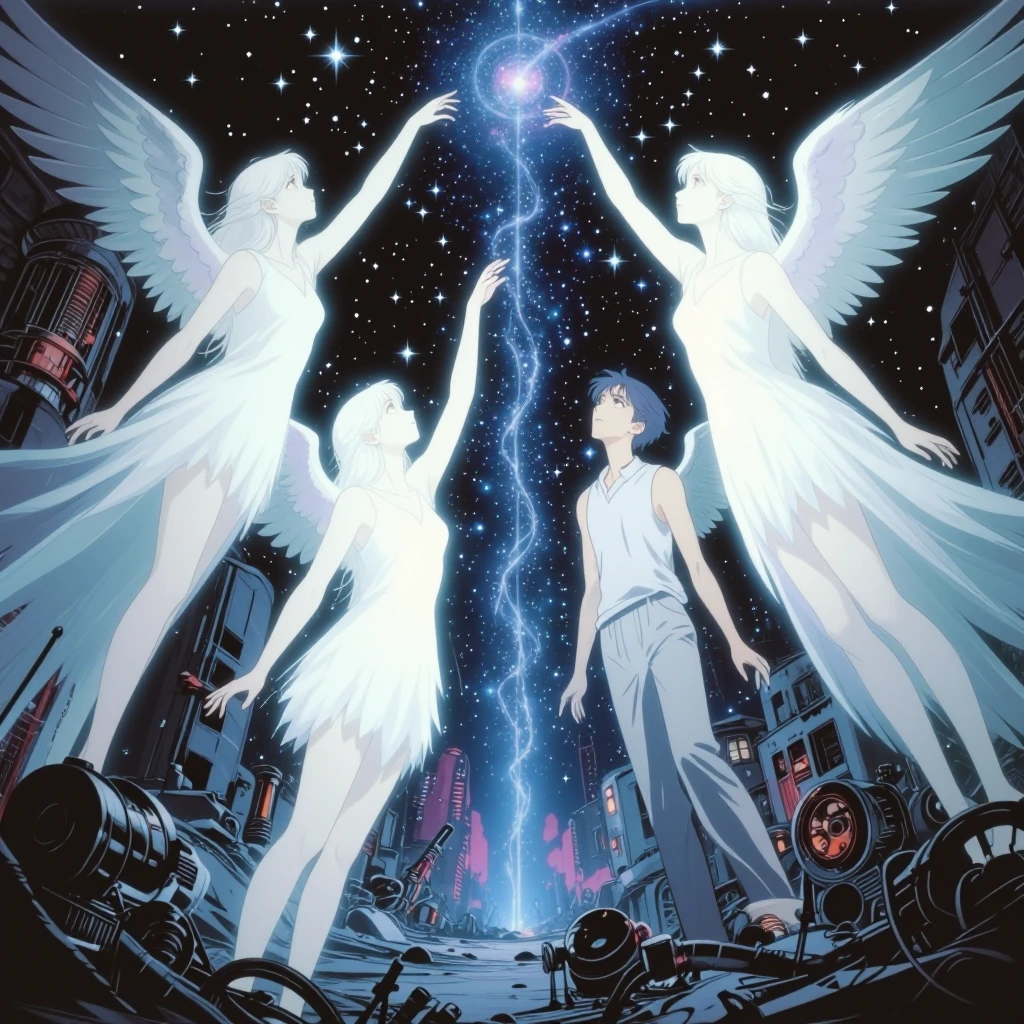 Angel-headed hipsters burning for the ancient heavenly connection to the starry dynamo in the machine. Ethereal, transcendent imagery with celestial light, cosmic energy flowing through urban decay and spiritual fervor, dreamy surreal atmosphere, lum