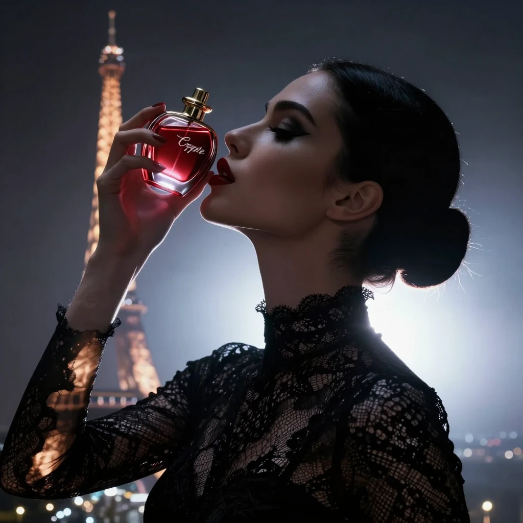 A mystical and detailed portrait of a glamorous femme fatale, captured from a slightly low angle, highlighting her long neck and her head tilted slightly upwards. She holds a magnificent Crypte perfume bottle, kissing it. She wears a finely crafted b