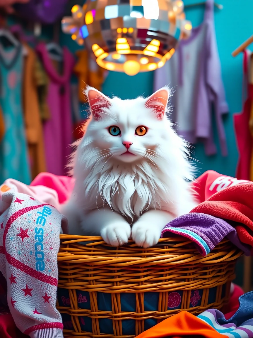Create a whimsical artwork of a white angora cat perched in a laundry basket , surrounded by 1980s exercise clothes (shiny clothes ) under a disco ball. Make it feel cozy, mischievous, and cinematic, with rich texture and expressive feline attitude.