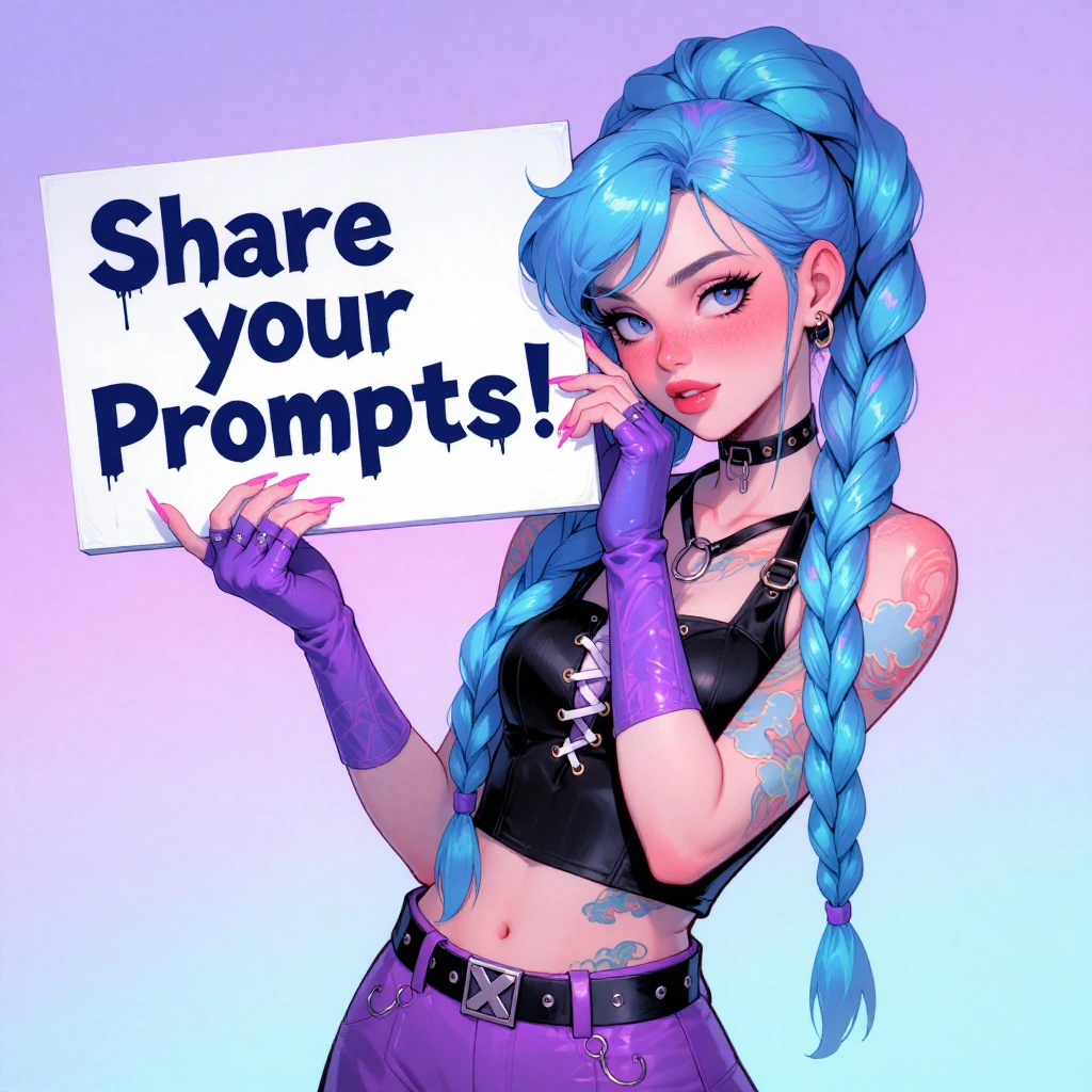 A photorealistic, 90s retro tech aesthetic digital illustration of a young woman with vibrant electric blue hair styled in two long, thick braids that