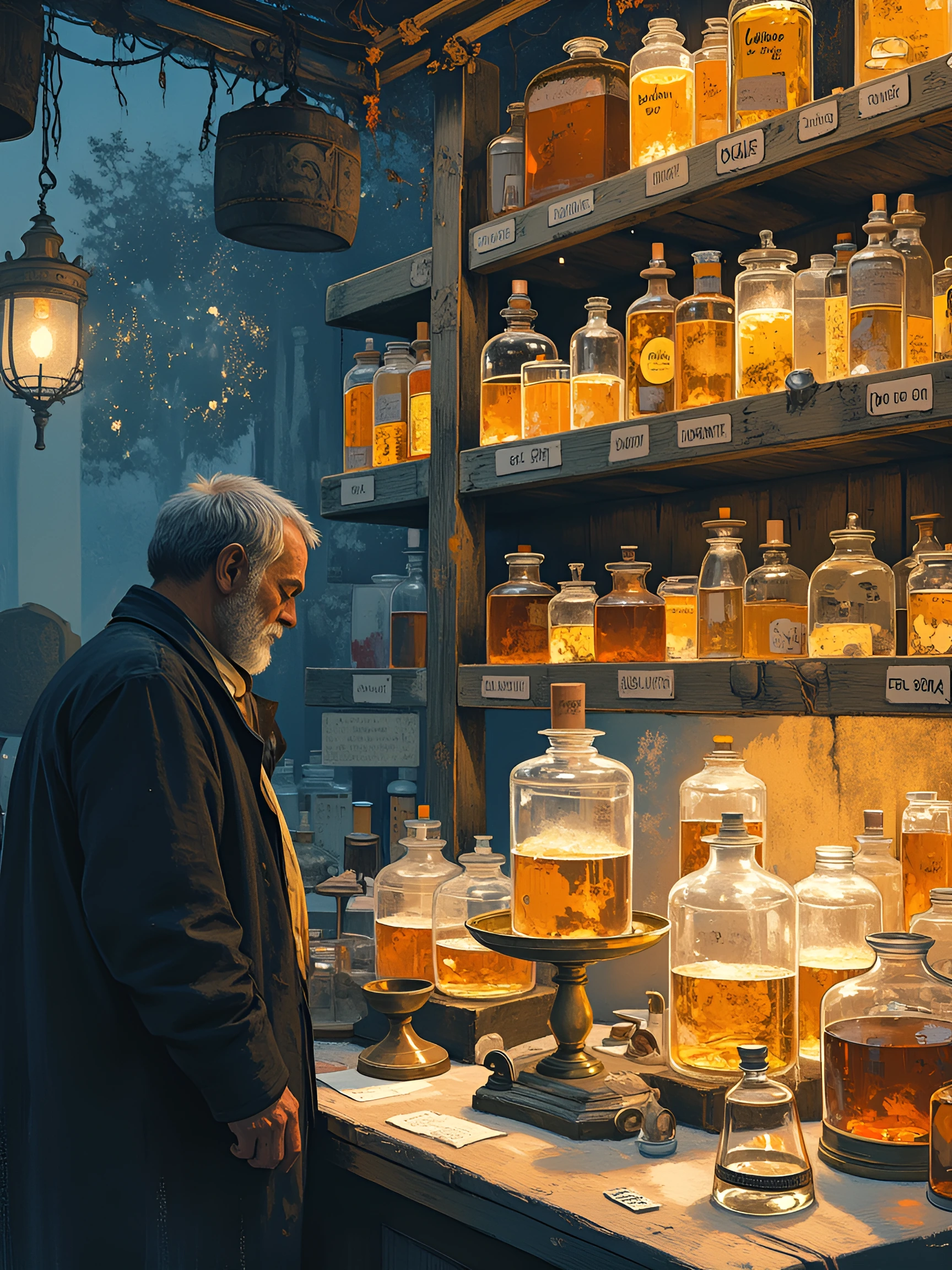 A memory merchant's stall rendered as a Renaissance still life: wooden shelves laden with translucent glass vials of honey-colored liquid glowing from within, each labeled with handwritten dates and moments—"first snow, 1987," "her laugh in June"—sus