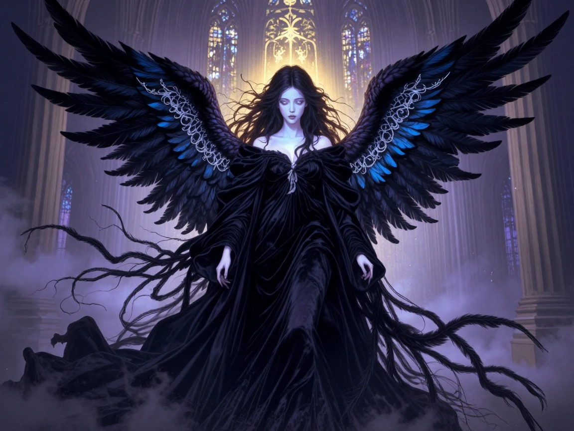A celestial figure with luminous pale skin, adorned in flowing black silk and velvet robes with ethereal trailing edges, standing in dramatic chiaroscuro lighting, soft golden halos emanating from behind the form, intricate feathered wings of obsidia