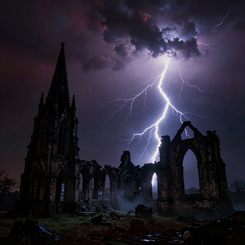 Cinematic moody 80s Goth AI art, stormy night over ancient Gothic ruins with broken spires and crumbling arches, dramatic white and blue lightning cutting through heavy storm clouds, deep black and burgundy tones, electric storm glow, high contrast,
