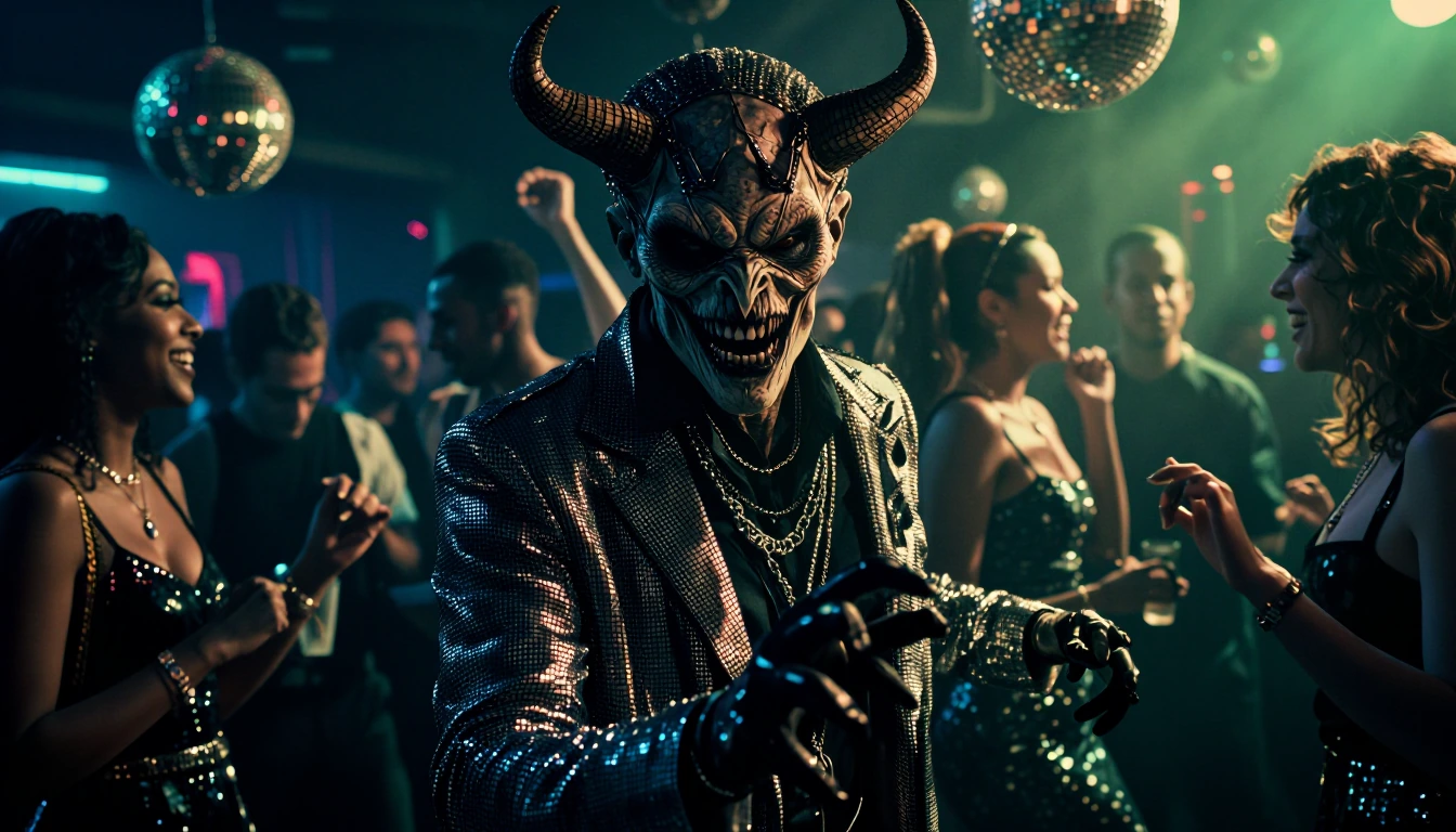 Saturday Night in a busy Nightclub, everyone is dancing, in a dark corner an undead ghoul clad in disco era clothing lurks with predatory intent. Contrast between the freedom of dancing an the murderous creature