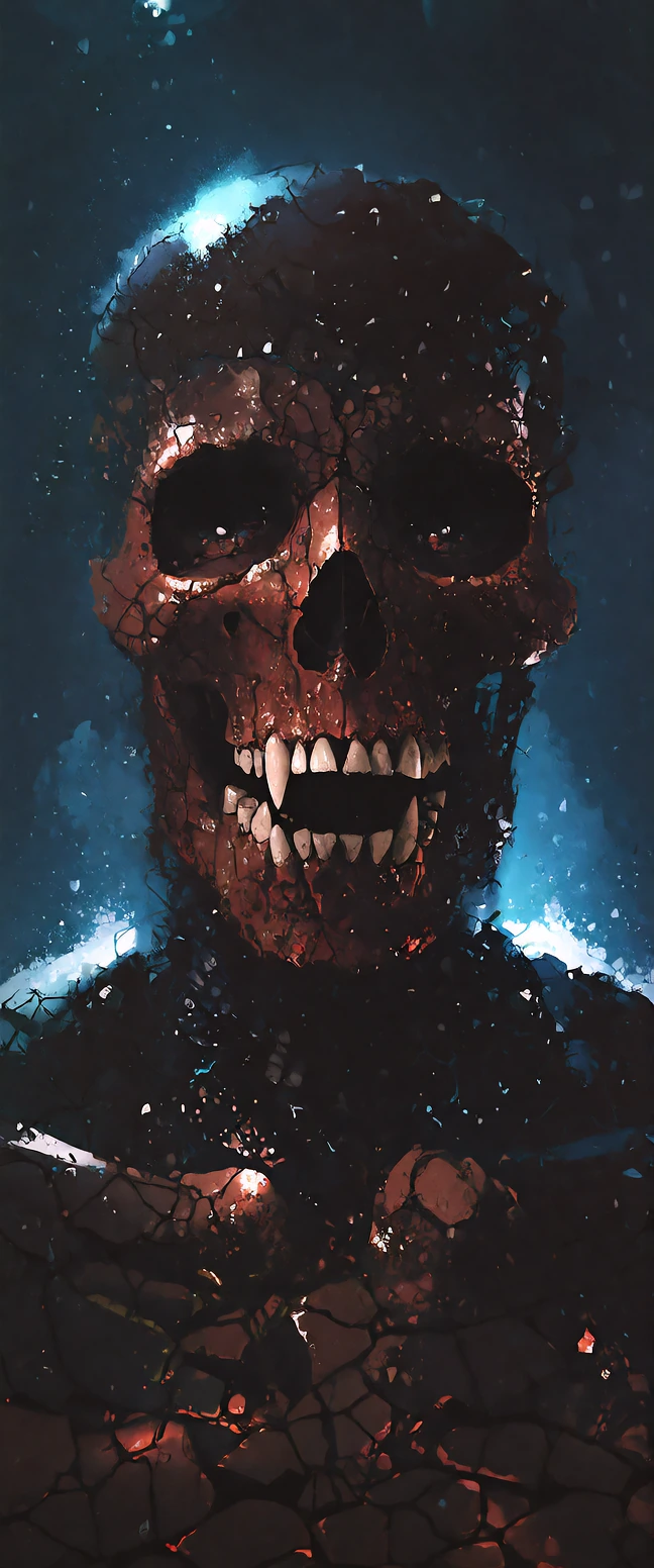 The primeval Arch-Demon's obsidian skin is cracked and glistening like wet volcanic rock, tightly pulled over a gaunt skull structure. Its hollow, lightless eyes are an absolute void, reflecting ancient, burning awareness, fixed directly on the viewe