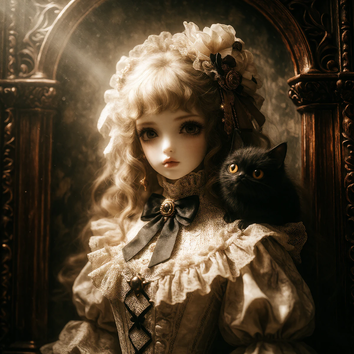 A detailed, doll-like porcelain woman portrait in a vintage studio.inspiration Mark Ryden .Features a large-eyed woman with curled blonde hair, Victor