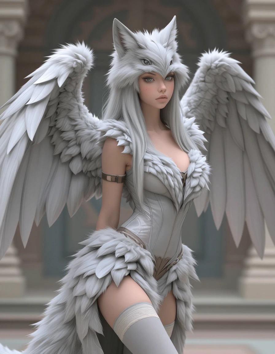 Beautiful woman wolf dragon hybrid, beautiful fluffy wings, pastel, gray, ancient background