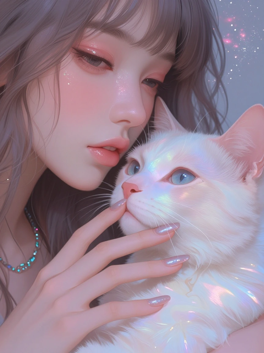 Very close-up artistic portrait of a woman and a cat, intimate framing with the woman’s face and hands near the lens, elegant iridescent fingernails with an interstellar sheen, the cat also iridescent and absolutely gorgeous, both bathed in beautiful